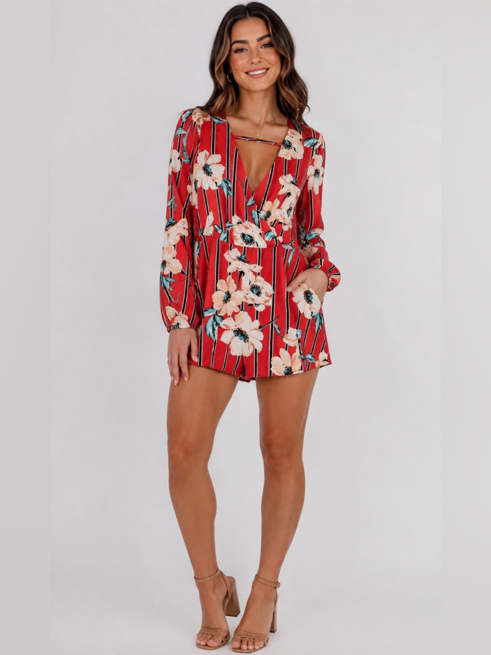 Express Red Floral Long Sleeve Romper Size Small NWT
